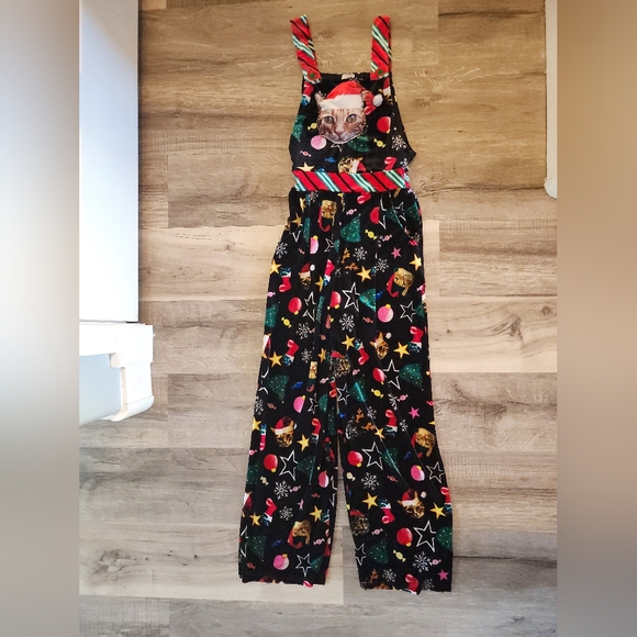 Festive Black Cat Ugly Jumpsuit with Holiday Print - Picture 1 of 8